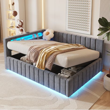 Lit coffre 140x200 cm avec LED et port USB, tête de lit et dossier, en velours, gris, sans matelas (1/5)