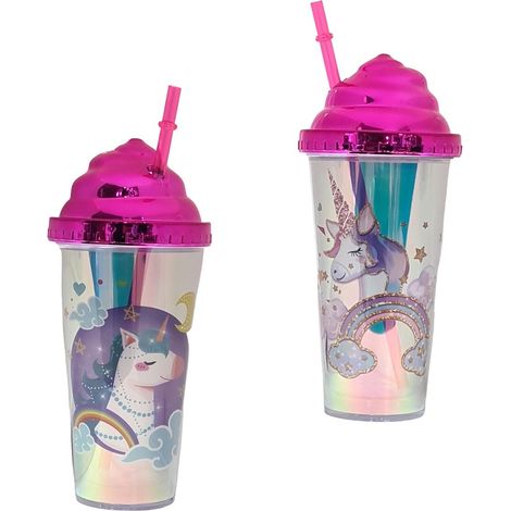 TAZZA BICCHIERE IN PLASTICA CON CANUCCIA DA 380ML BAMBINA UNICORNO ACQUA ROSA (1/3)