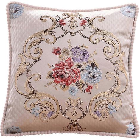 Housse de coussin brodée, housse de coussin carrée décorative, housse de coussin florale de luxe, taie d'oreiller décorative-Beige (1/5)