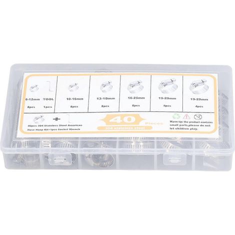 Ensemble de 40 colliers de serrage en acier inoxydable (6–29 mm, 5 modèles différents) pour tuyaux