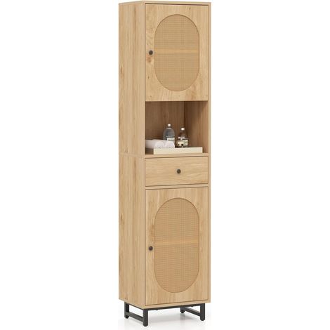 GOPLUS Armoire Haute de Salle de Bain 170cm, Meuble en Rotin PE avec 2 Portes, Compartiment Ouvert et Tiroir, Etagères Réglables, Kit Anti-basculement, Pieds en Métal, pour Salle de Bain, Salon (1/3)