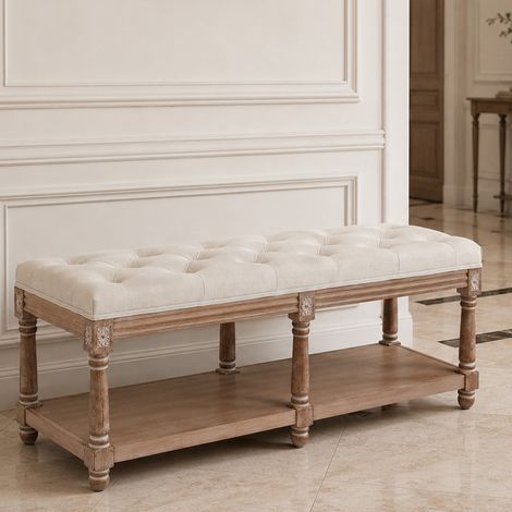 Banc d’Entrée HomeMiYN Rembourré en Tissu Effet Lin Beige, Banquette 2 Places, Structure en Bois, Charge 240 kg - Beige