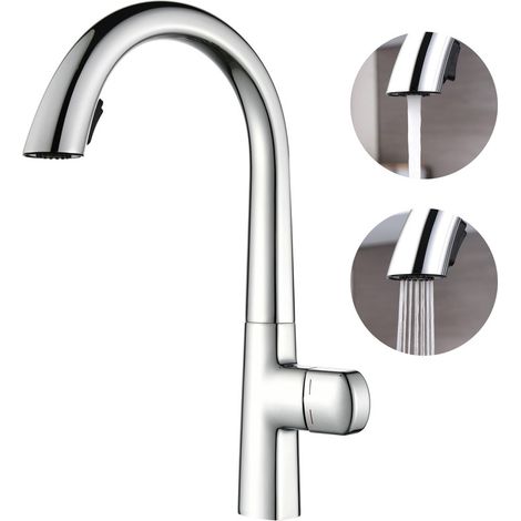 Grifo Cocina Extraible,2 funciones de pulverización de agua grifo de cocina fregadero,Todo material cobre grifo cocina,Giratorio 360° grifo fregadero cocina,Grifo cocina flexible (Cromado) (1/5)