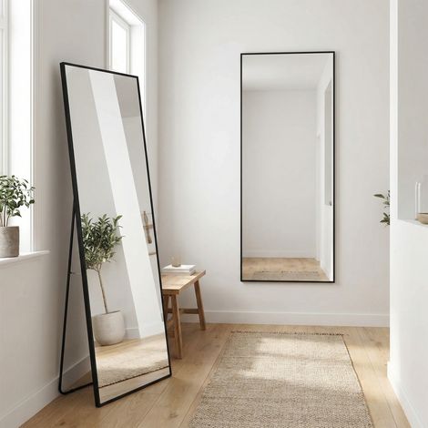 Grand miroir sur pied 150x40cm, rectangulaire, miroir mural, mural ou à poser, cadre aluminium fiin & verre HD anti-éclats sécurisé, pour chambre/entrée, style scandinave moderne(150x40cm, Noir)