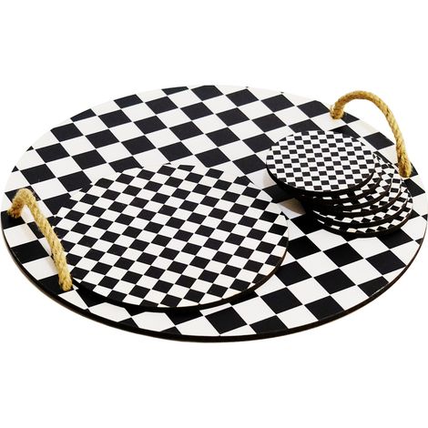 Juego de posavasos con bandeja de madera Set 100% WOODEN Negro Blanco (1/2)