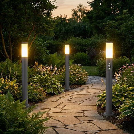 Lampadaire d'extérieur avec détecteur de mouvement, anthracite et acier inoxydable, H 80 cm, lot de 3 (1/5)