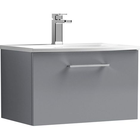 Balterley Modern Bathroom Wall Hung 1 Soft Close Drawer Vanity Unit & Curved Basin, Satin Grey, 600mm (1/4)