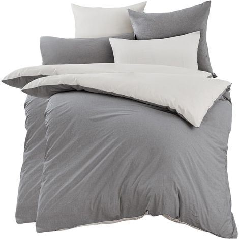 Parure de lit 4 pièces en coton 135 x 200 cm - Gris/blanc - Doux et infroissable - 100 % coton lavé - Comprend 2 housses de couette 135 x 200 cm et 2 taies d'oreiller 80 x 80 cm avec fermeture (1/5)