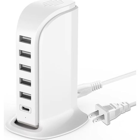 Stazione di ricarica USB multi-dispositivo, 5 porte USB + 1 porta USB-C (modello a torre), adatta per smartphone, tablet e altri dispositivi. (1/5)
