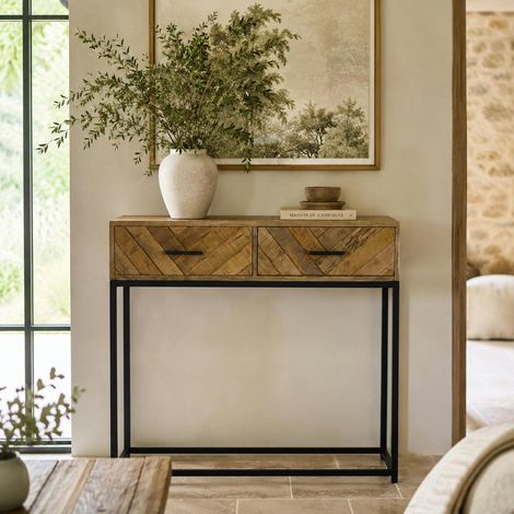 Console d'entrée en bois de manguier 2 tiroirs BRIX (1/4)