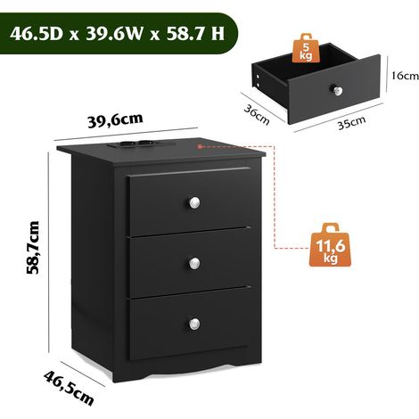 Lot de 2 tables de chevet 3 tiroirs avec station de charge, USB et prises, rangement pour chambre, noir (1/5)