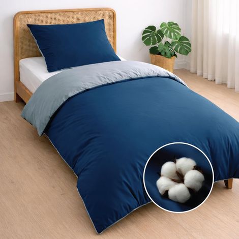 1 Parure De Lit 2 Pièces Housse De Couette 140x200 Coton Réversible Bleu Foncé Taie 65x65 Adulte