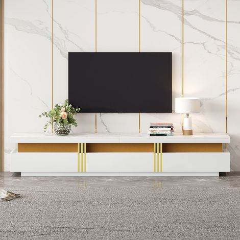 Meuble TV noir 200 x 40 x 42 cm, plateau effet marbre, 3 tiroirs, passe-câbles, charge 30 kg, pour TV jusqu'à 90 pouces (1/5)