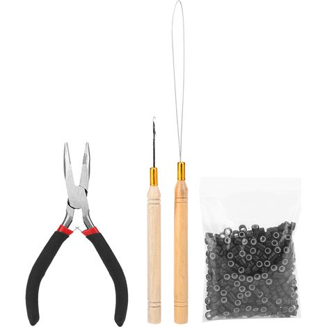Kit 4 pièces pour extension de cheveux : aiguille crochet, pince à tresser perruque, 500 micro-anneaux noirs (1/5)