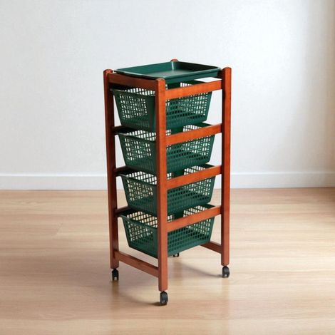 Carrello portafrutta JOLLY con cesti in plastica verdi e legno Ciliegio. (1/3)
