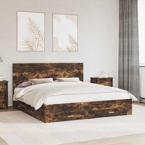 Bed Frame with Drawer Smoked Oak 200 x 200 cm Engineered Wood vidaXL (1/5)