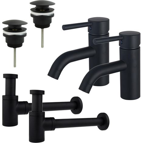 FugaFlow Eccelente Sobrado Kit robinet lavabo - pour double vasque - robinet bas - bonde clic clac - siphon design bas - Noir mat (1/4)