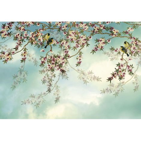 Komar – Papier peint panoramique branches de fleurs bleu et rose – 368 x 254 cm – Écologique, durable et certifié FSC – Encres à base d’eau (1/3)