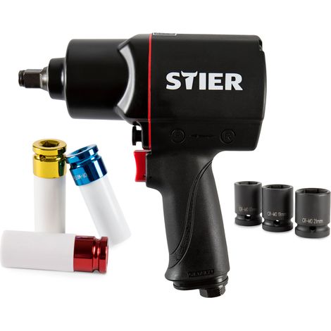 STIER Druckluft Schlagschrauber 17-BBS, Satz 8-teilig, max. Lösemoment 1.756 Nm, Kraft-Steckschlüsseleinsatz 1/2 Zoll, Stecknippel 1/4 Zoll, 3 Geschwindigkeitsstufen