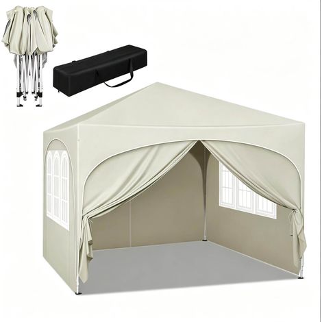 Gazebo pieghevole da giardino 3 x 3 m beige con pareti laterali, struttura in ferro (1/5)