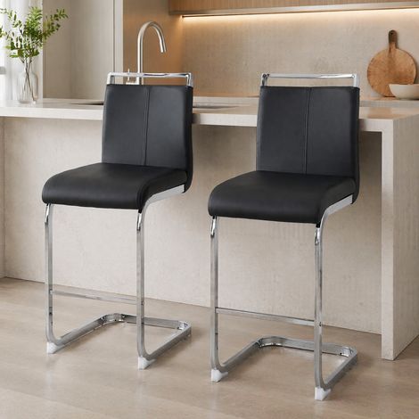 Set di 2 sgabelli da bar in PU nero, gambe in metallo argentato, con schienale DESVIAE (1/5)
