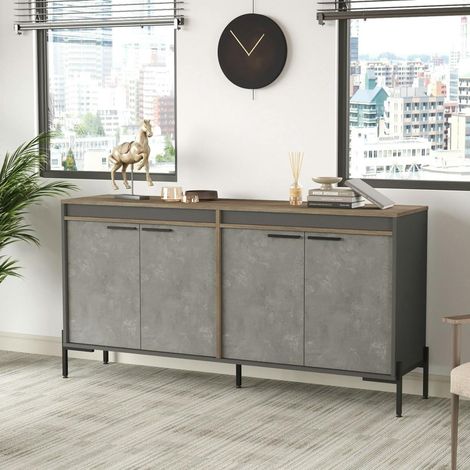 Buffet moderne 4 portes décor bois foncé, béton et gris JENA (1/5)