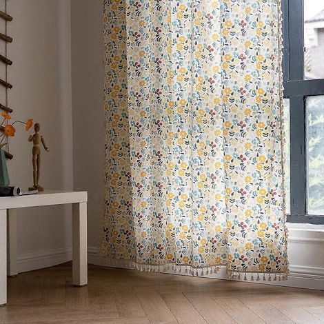Handgefertigter Boho-Gardinenpaneel aus Baumwoll-Leinen mit Quasten, gelbem Blumenmuster im Landhausstil, halbverdunkelnd, mit Stangendurchzug, rustikalem, böhmischem Landhausstil (1/5)