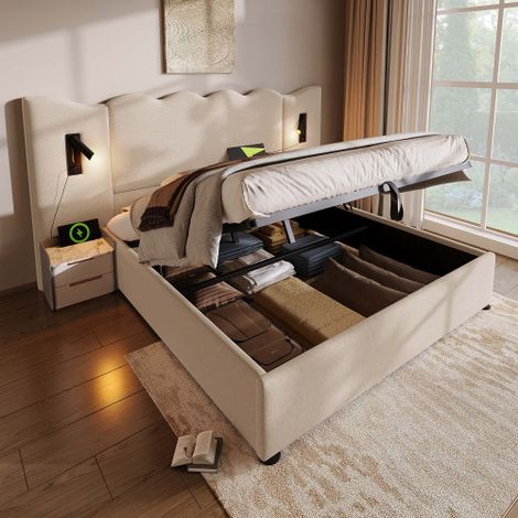 Letto matrimoniale imbottito 160x200 con lampada da lettura e funzione di ricarica USB Type-C, struttura letto contenitore con rete a doghe in legno massello e metallo, beige, lino (senza materasso) (1/5)