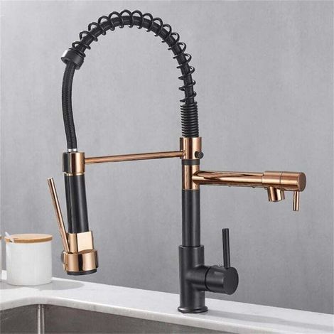 Ulisem Robinet de cuisine noir, robinet de cuisine à ressort noir et rose doré, robinet d'évier de cuisine, mélangeur d'eau chaude et froide, robinet de grue, robinet de cuisine (1/4)
