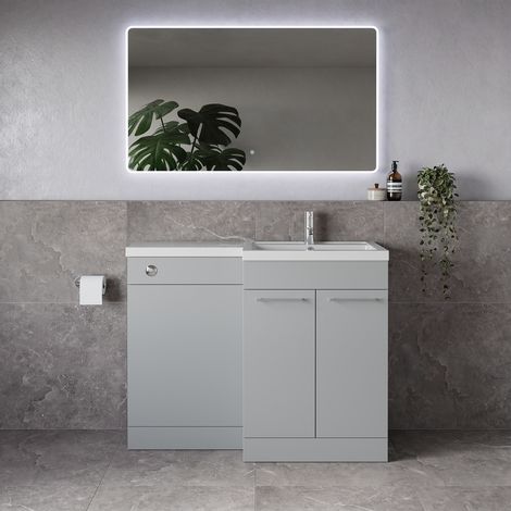 Napoli 390 Gloss Grey Pearl 1100mm 2 Door Vanity Unit Toilet Suite with Square Right Hand Lucia Basin - 1100mm - Chrome 160mm HandleWithout Kingston Toilet Pan