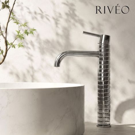 Mitigeur lavabo haut chromé à motif texturé pour vasque à poser - RIVÉO (1/5)