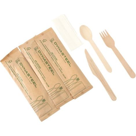 Kit de 4 Pièces - Couverts en Bois : Couteau, Fourchette, Grande Cuillère, Serviette - Lot de 500 (1/5)