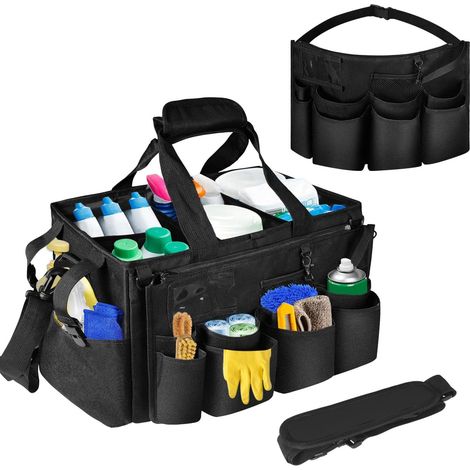 Sac de Nettoyage Portable, Organiseur de Fournitures de Nettoyage avec poignée, Bretelles et séparation Amovible, Organiseur d'outils de Nettoyage pour nettoyeurs et Femmes de ménage (Noir) (1/5)