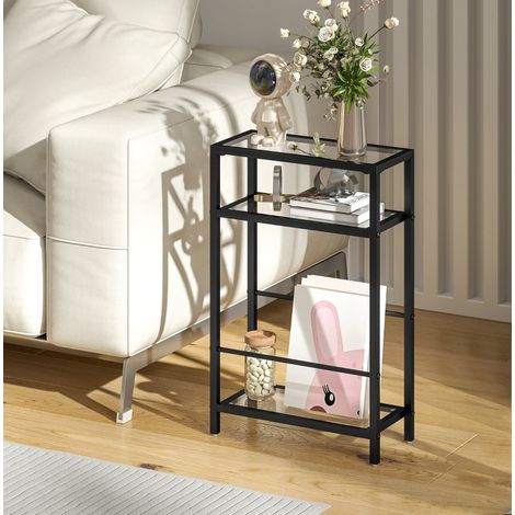 Tavolino laterale a 3 ripiani in vetro temperato e acciaio nero, 40 x 18 x 62 cm (1/5)