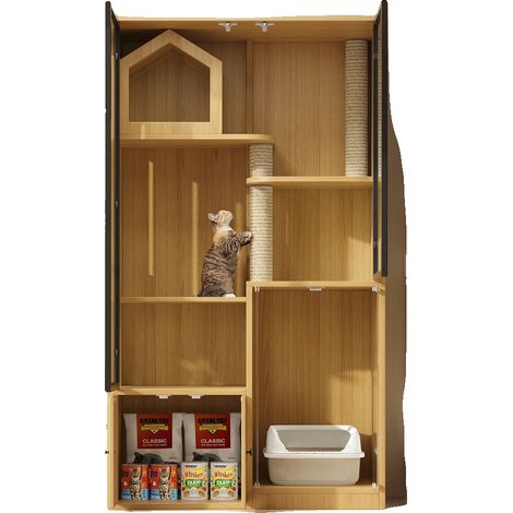 Armario para gatos con bandeja de arena extraíble, control de olores, fácil mantenimiento, arce + MDF + cristal. (1/2)