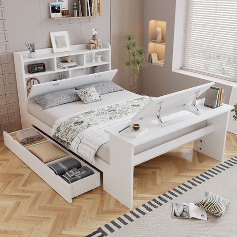 Jugendbett 140x200 mit Stauraum und verstellbarem Klapptisch, modernes Multifunktionsbett aus Holz mit Schublade und Kopfteilregal, Weiß (1/5)