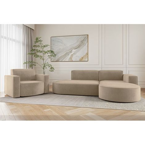 Sofa Set 2-teilig Sessel und Ecksofa PALMA XS Stoff Noel Beige Ottomane Rechts (1/3)