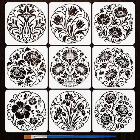 9Pièces Pochoirs Floraux Artistiques 15x15cm pour Peinture (1/5)