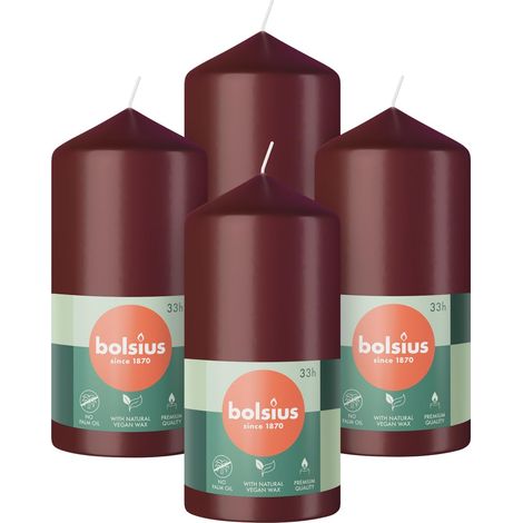 Bolsius Candele a colonna, colore rosso scuro, confezione da 4, 12 x 6 cm, candele decorative per la casa, lunga durata di 33 ore, inodore, cera vegana naturale, senza olio di palma (1/4)