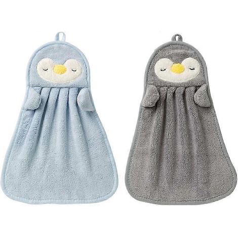 Lot de 2 serviettes douces en chenille pour la cuisine et la salle de bain, avec imprimé pingouin. (1/3)
