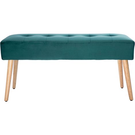Panca lavorazione capitonné in tessuto velluto blu petrolio e legno chiaro L95 cm GUESTA