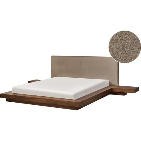 Cama moderna con plataforma mesitas de noche cabecero de bouclé madera de fresno marrón 160 x 200 cm Zen (1/5)