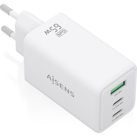 AISENS - CARGADOR GaN 65W, 2xUSB-C PD3.0 QC4.0, 1xUSB-A QC3.0, BLANCO