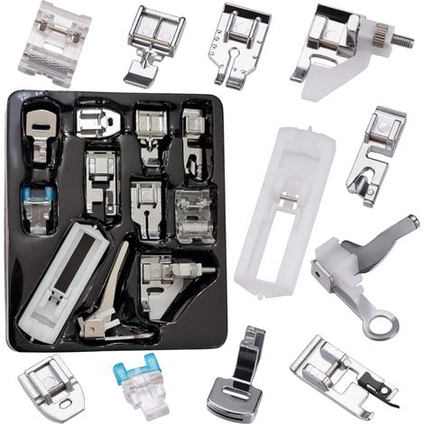 Kit de 11 pieds-de-biche multifonctions (ourlet roulotté, fermeture éclair invisible, etc.) pour machines à coudre à tige basse  fixation rapide (snap-on), compatible Singer (1/5)