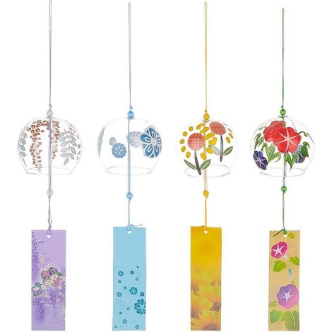 4er Set Japanische Glas-Windspiele mit Blumenmotiv und Wunschkarten