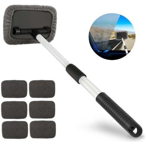 Brosse de nettoyage pour voiture – Nettoyeur de pare-brise avec manche télescopique – 6 lingettes en microfibre réutilisables – Tête pivotante à 180° (1/4)