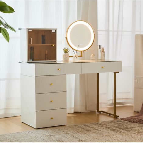 Coiffeuse en verre et panneaux de particules avec miroir LED, blanc et doré, avec rangements latéraux (1/5)