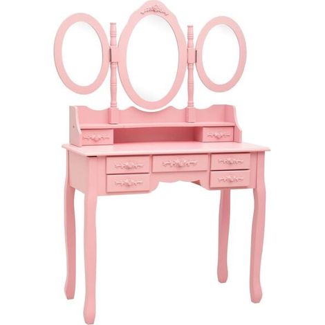 Coiffeuse avec tabouret et miroir pliable en 3 Rose, de maquillage, Design Moderne (1/5)