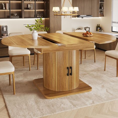 Table à Manger Ronde Extensible 118-158 x 118 x 76 cm avec Rangement Caché, Étagères Amovibles et Porte-Verres, Marron Foncé (1/5)