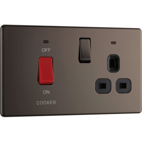 Interrupteur de cuisinière électrique avec prise et LED, prise de commande, double pôle, plaque avant sans vis, profil fin, plaque plate, nickel noir, 45 A (1/5)